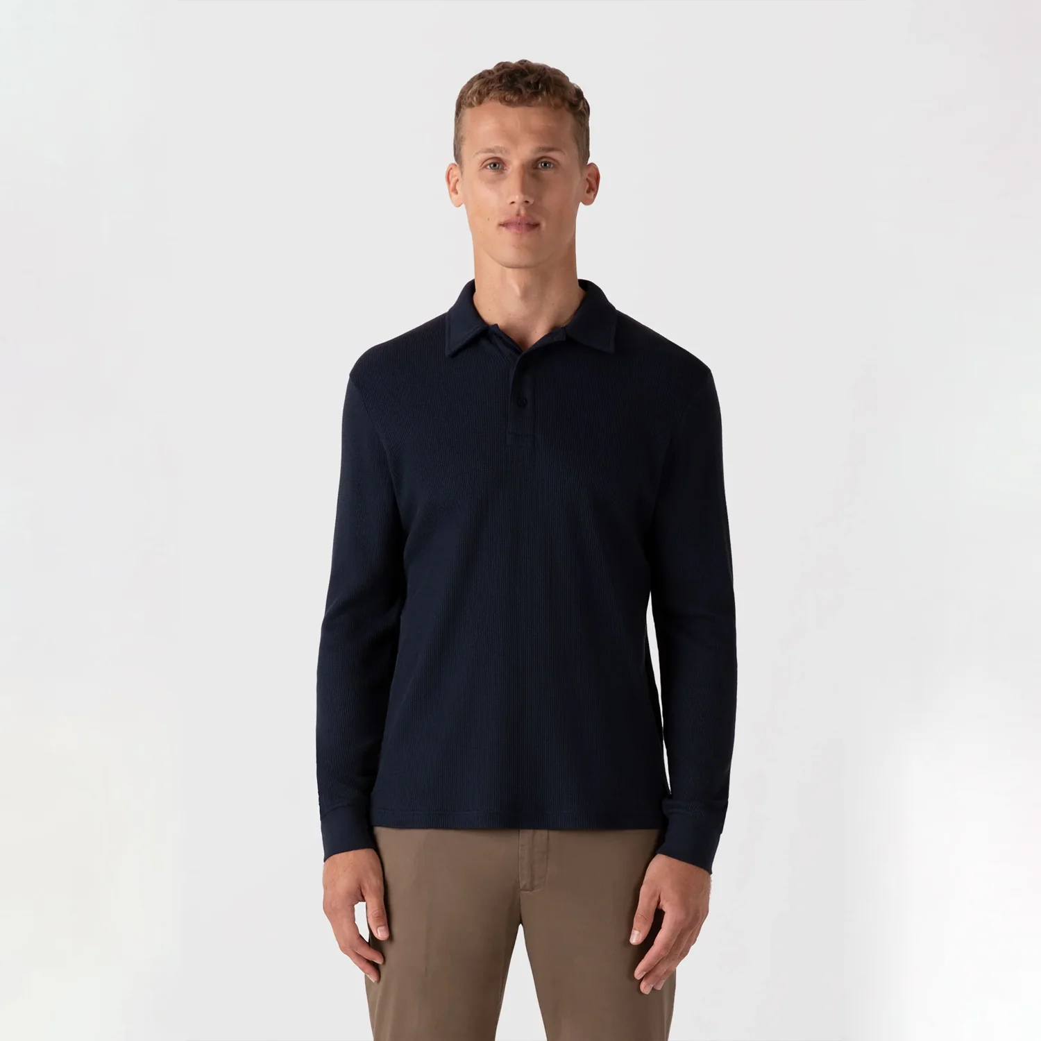 Long Sleeve Waffle Polo Shirt - Navy - Image 3